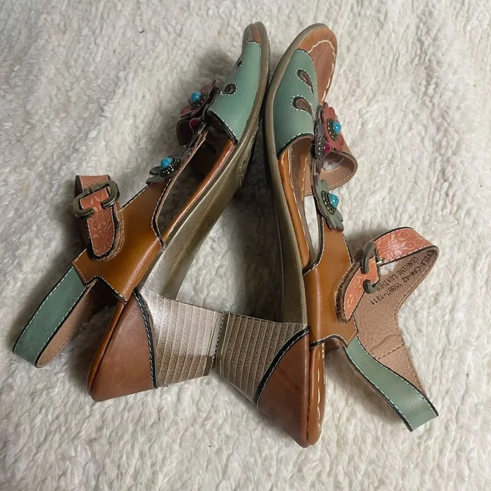 L'ATISTE by Spring Step Yovela multi color Floral Sandals block heels SZ42 US10
